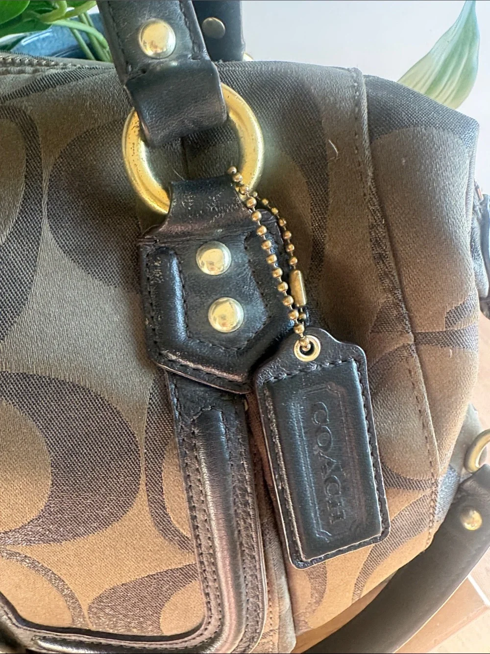 Coach Campbell Signature Metallic Olive Green Canvas Satchel with Leather Trim